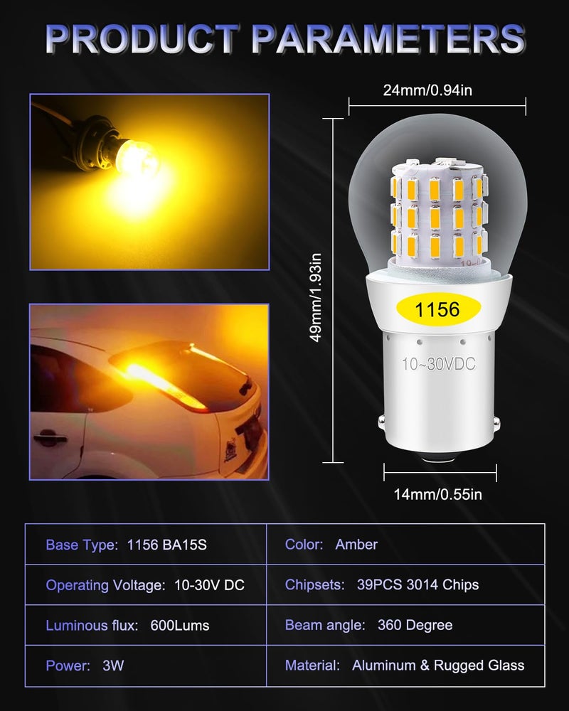 Alopee 1156 LED Bulb Amber 10-30V DC 1156 Bulb Replacement for 1141 1003 7506 P21W Blinker Light, Turn Signal Bulb 3014 Chips, Non Polarity, Pack of 2 - Image 2